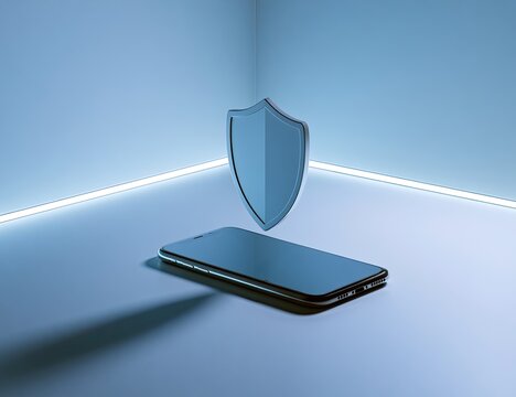 Futuristic mobile device protected by a gleaming digital shield in a cool, illuminated space