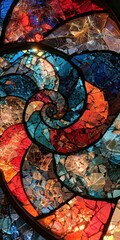 Fototapeta premium Vibrant mosaic art features a spiraling design of fractured glass in warm and cool tones