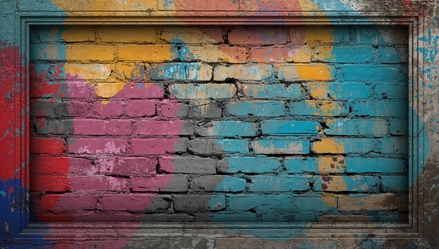 Colorful Graffiti Wall with Brick Texture and Framed Border