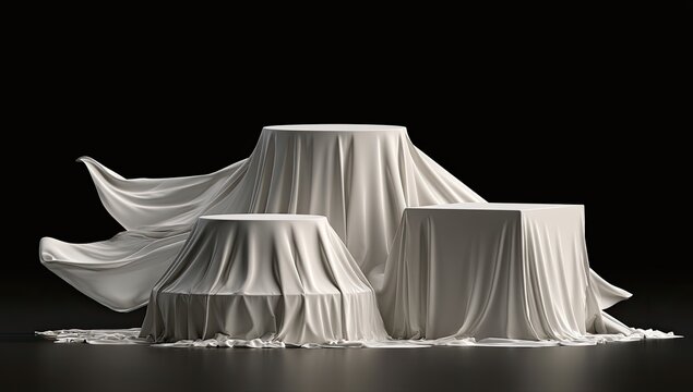 Three pedestals draped in soft, flowing fabric under dramatic lighting