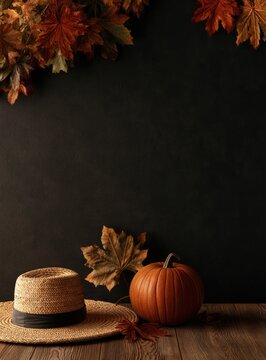Autumn harvest elements on a dark background with straw hat, pumpkin, and leaves