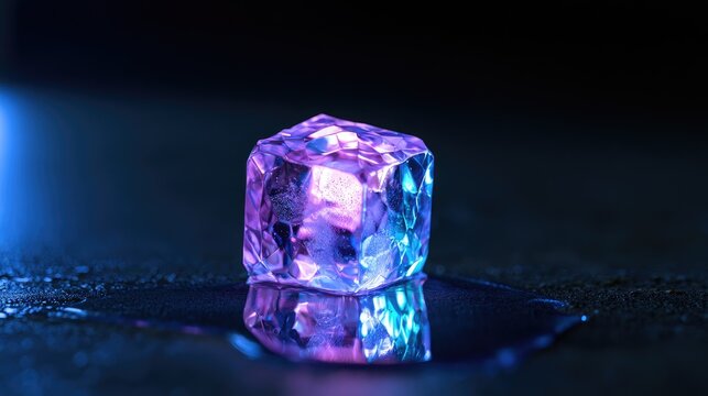 Crystalline ice cube glows with vibrant purple and blue light