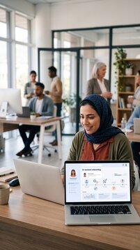Muslim woman works on laptop showing AI assisted onboarding interface. Modern office background with diverse team. Illustrates digital HR solutions and workplace technology integration.