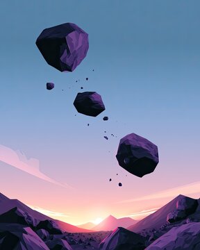 Stylized low-poly rocks float and fall against a vibrant, gradient sky at dawn