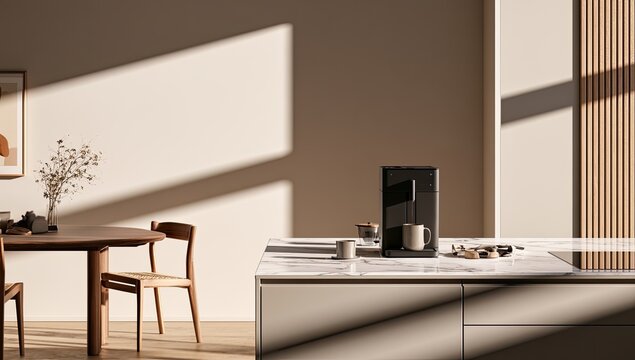 Modern kitchen island with coffee maker and sunlit dining area