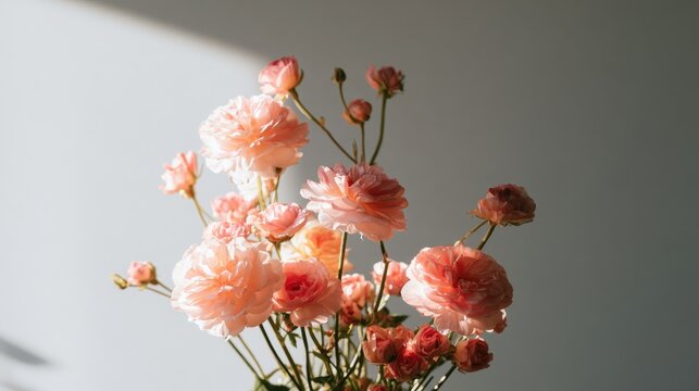 Delicate peach-pink blossoms bathed in soft sunlight, casting gentle shadows