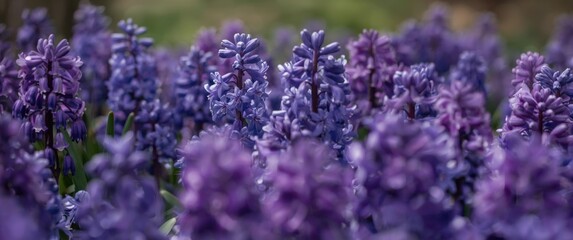 Fototapeta premium Purple Hyacinth Flowers Blooming in a Garden with Soft Focus Background