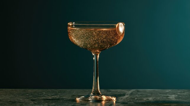 Elegant coupe glass filled with sparkling golden bubbly liquid, softly lit
