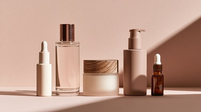 Elegant skincare bottles and jars arranged on a light-pink surface with shadows