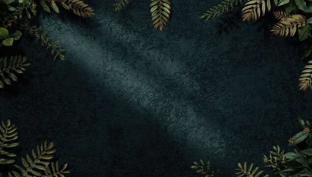 Lush Green Ferns Framing Dark Textured Surface with Soft Light Rays