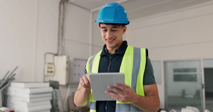 Contractor, man or tablet at construction site for development progress, design review or log report. Tech, happy person and architecture inspection, building info and scroll maintenance schedule