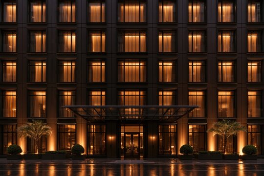 Ornate building facade at night with glowing windows and reflective ground