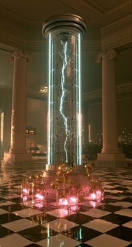 Futuristic containment unit with lightning and glowing base in grand hall