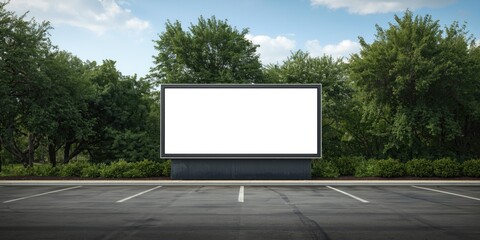 Obraz premium Blank Billboard in an Empty Parking Lot Surrounded by Lush Green Trees
