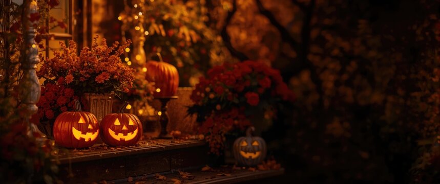 Halloween Pumpkins with Faces Illuminated Among Fall Flowers at Dusk