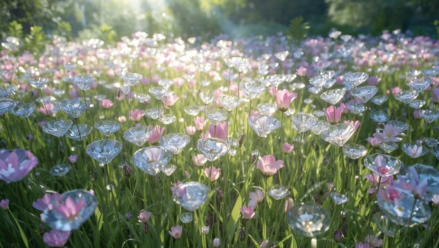 Glittering Crystal Flowers in Sunlit Meadow - Spring Bloom, Soft Focus, Dreamy Atmosphere
