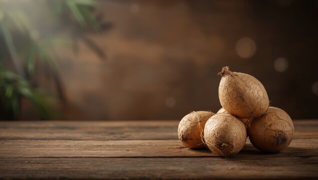 Brown Potatoes Stacked on a Wooden Table with Soft Lighting