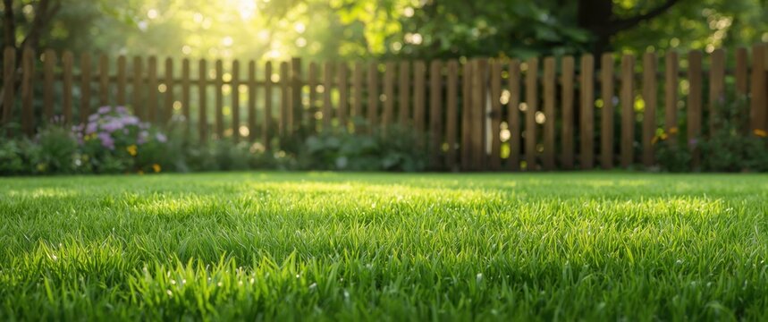 Vibrant Green Grass in a Sunlit Garden with Wooden Fence and Flowers