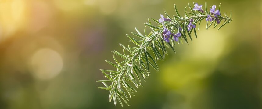 Rosemary Sprig with Purple Flowers Against Soft Green Background