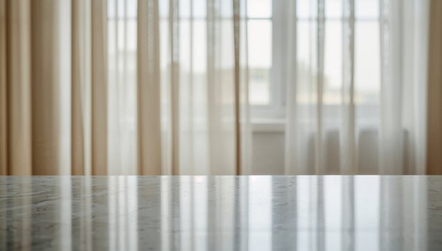 Sunlit Window with Sheer Curtains and Reflections on a Marble Table