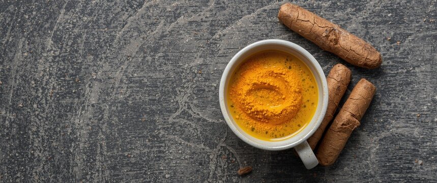 Turmeric Latte in a White Cup with Fresh Roots on Dark Background