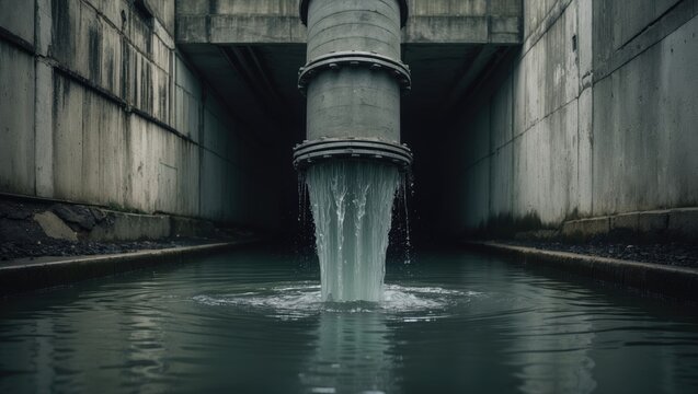 Water Flowing from a Concrete Pipe into a Dark Tunnel with Reflections