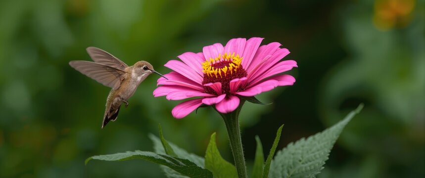 Hummingbird Hovering Near a Pink Flower in a Garden Setting