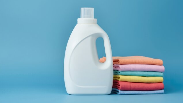Laundry Detergent Bottle Next to Neatly Stacked Colorful Towels on Blue Background