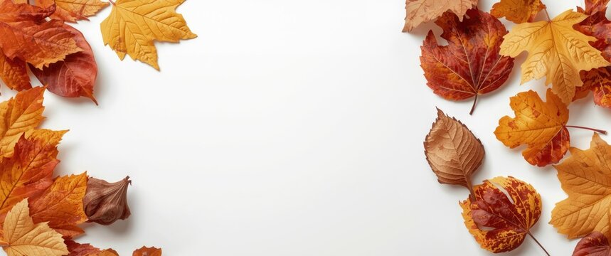 Autumn Leaves in Warm Tones Framing a Blank Space on White Background