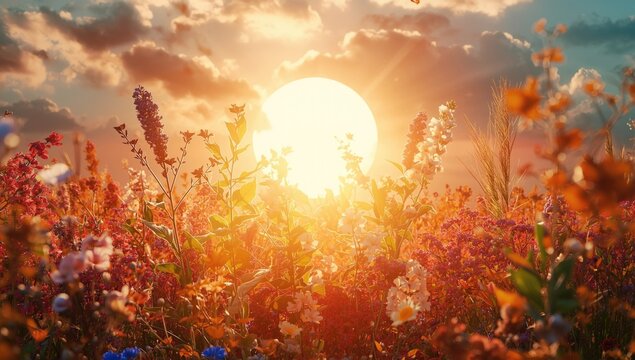 Vibrant Wildflower Field Glowing Under a Sunset Sky with Soft Clouds