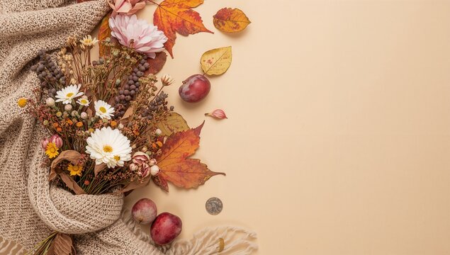 Autumn Bouquet with Leaves and Apples on a Beige Background