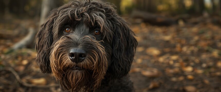 Fluffy Black Dog Looking at Camera in Autumn Forest Setting