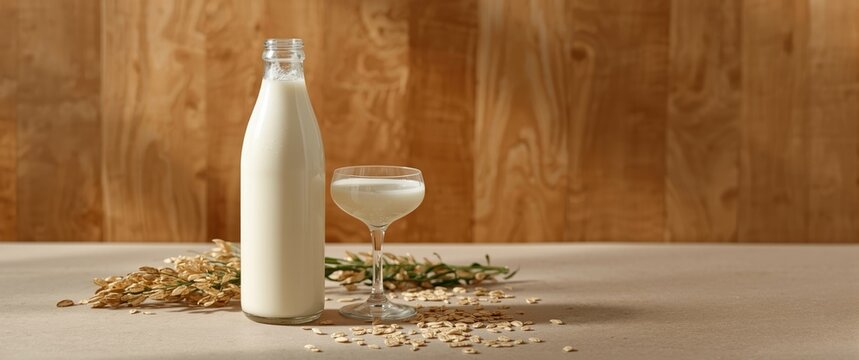 Milk Bottle and Glass with Oats on Wooden Surface