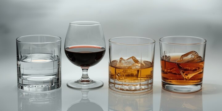 Glasses with Different Alcoholic Beverages on Gray Background