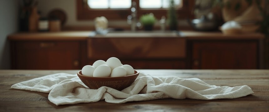 Bowl of Fresh White Eggs on a Towel in a Rustic Kitchen Setting
