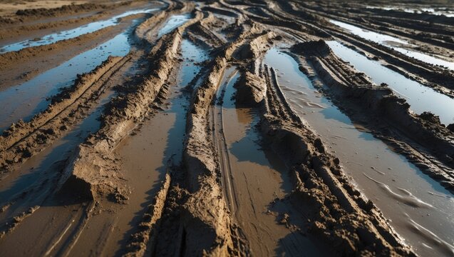 Tire Tracks in Wet Muddy Terrain with Reflections Under Bright Light
