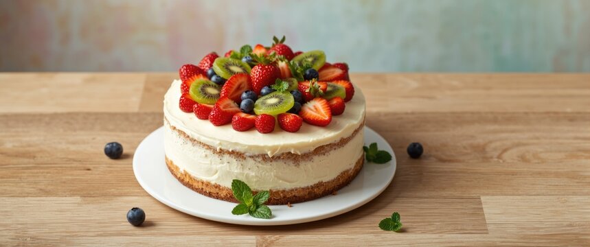 Fruit Topped Cream Cake on a White Plate with Mint Leaves on a Wooden Table