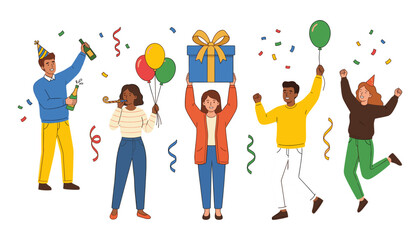 Fototapeta premium Happy Diverse People Celebrating Birthday Party Vector Set with Balloons Gift Box Champagne Confetti and Festive Hats for Greeting Cards and Event Designs