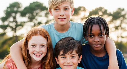 Obraz premium Diverse group of four children smiling, representing friendship, childhood joy, and unity in an outdoor setting, perfect for lifestyle concepts