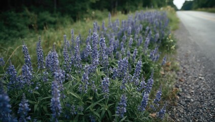Obraz premium Purple Wildflowers Growing Alongside a Country Road - Soft Focus, Natural Setting, Tranquil Vibe