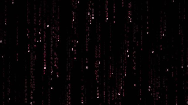 Glowing alphanumeric characters cascading through dark space in abstract digital data streams