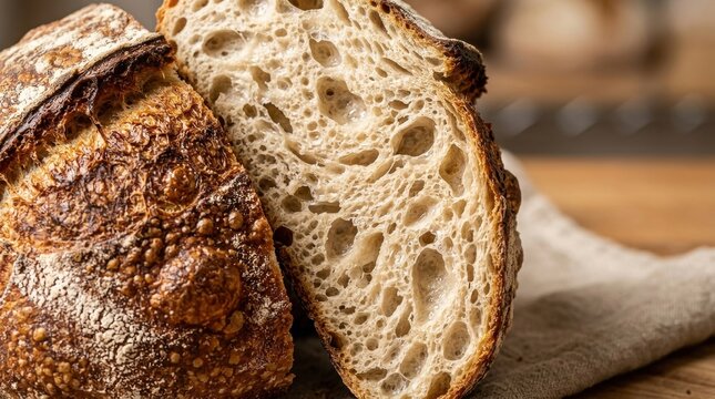 Artisan Sourdough Bread: A close-up view of a rustic loaf of artisan sourdough bread, revealing its golden-brown, crackled crust and airy, irregular crumb structure, hinting at a delicious taste.