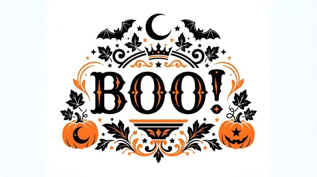 This captivating halloween typography design features a bold 'boo ' greeting surrounded by whimsical illustrations of bats pumpkins crescent moons and ornate decorative elements creating