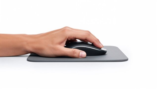 Hand Using Black Computer Mouse on Gray Mouse Pad Isolated on White