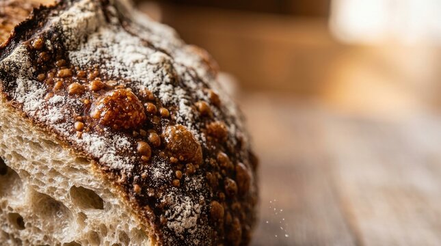 Artisan Bread Close-up: A detailed, rustic loaf of artisan bread with a crisp, golden-brown crust and airy crumb, highlighted by warm, natural light, evoking a sense of home and comfort.