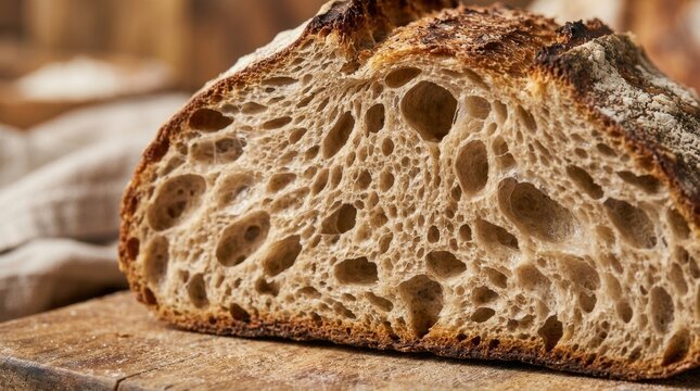 Artisan Sourdough Loaf: A close-up view reveals the intricate crumb structure of a freshly baked artisan sourdough loaf, showcasing its golden-brown crust and airy interior.