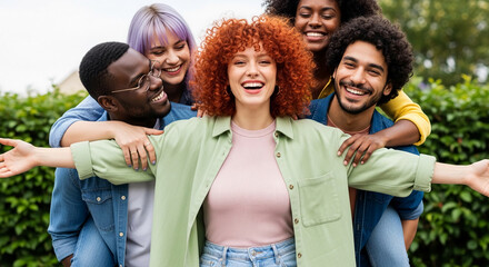 Fototapeta premium Diverse group of young adults with arms around each other, smiling joyfully outdoors, representing friendship, unity, and positive connection