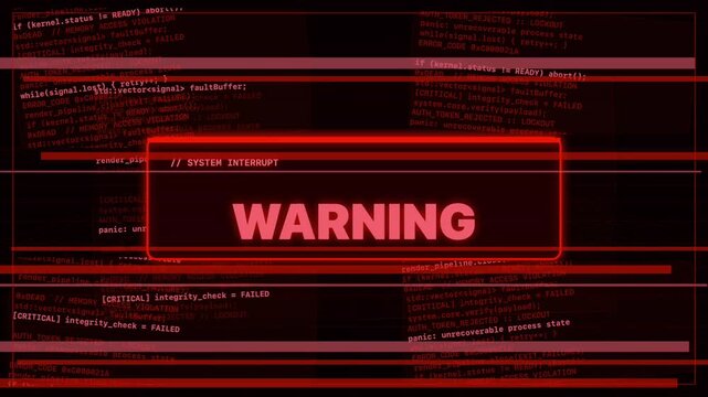 Digital warning alert displays system interruption over corrupted computer code with glitch effects
