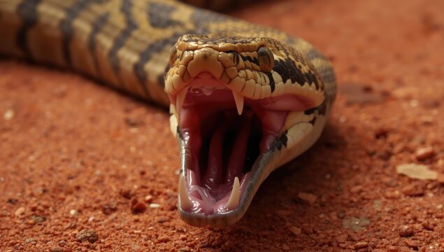 Closeup of a Python Snake with Mouth Open on Brown Earth Surface