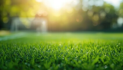 Naklejka premium Closeup of Dewy Grass on a Soccer Field at Sunset with Warm Light